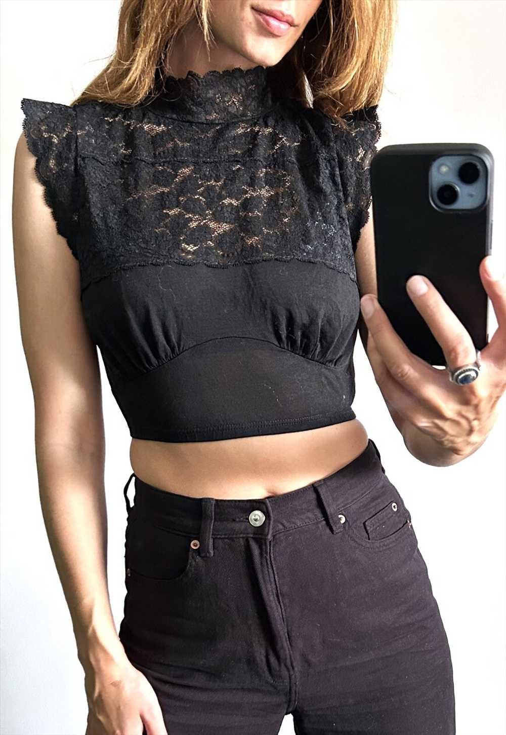 90s Black lace Crop Top / Bra - Small - image 1