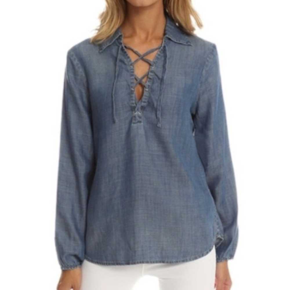 FRAME Hadley Shirt Long Sleeve Blue Chambray Lace… - image 7