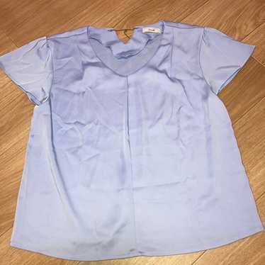 Light blue V-neck short sleeve blouse shirt with … - image 1