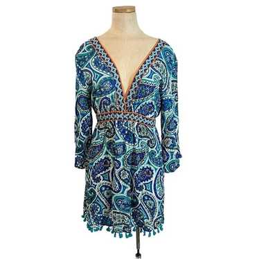 Trina Turk blue green patterned mini dress low V … - image 1