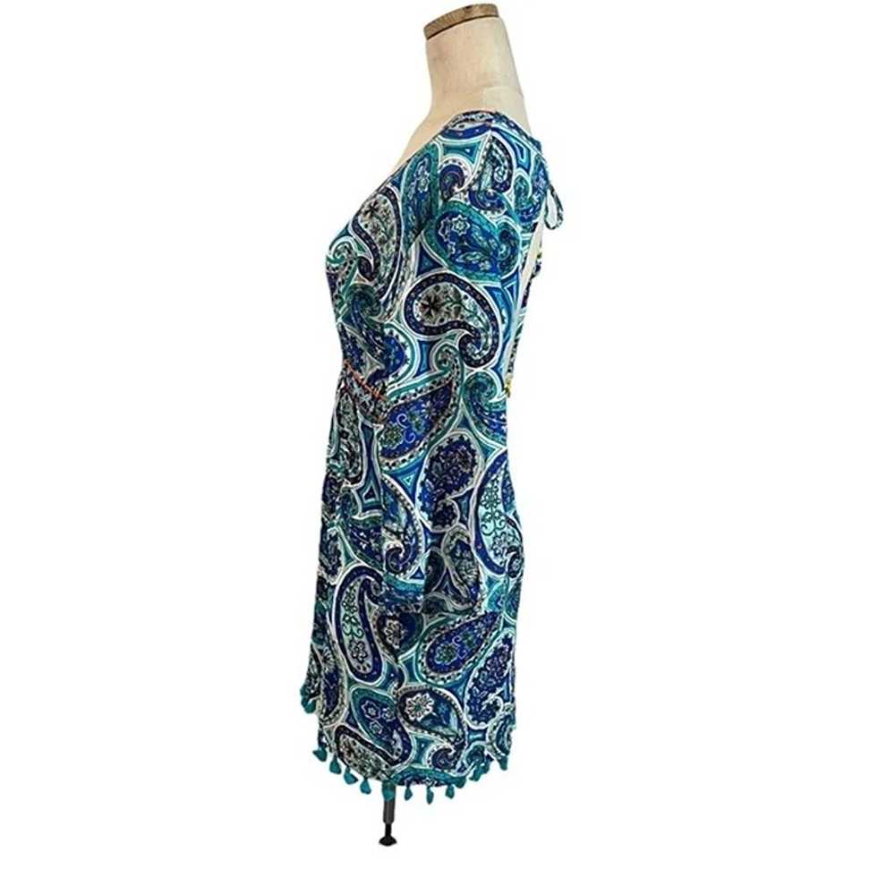 Trina Turk blue green patterned mini dress low V … - image 6