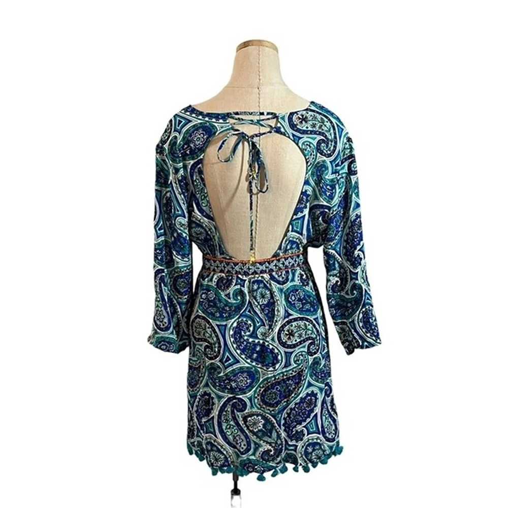 Trina Turk blue green patterned mini dress low V … - image 7