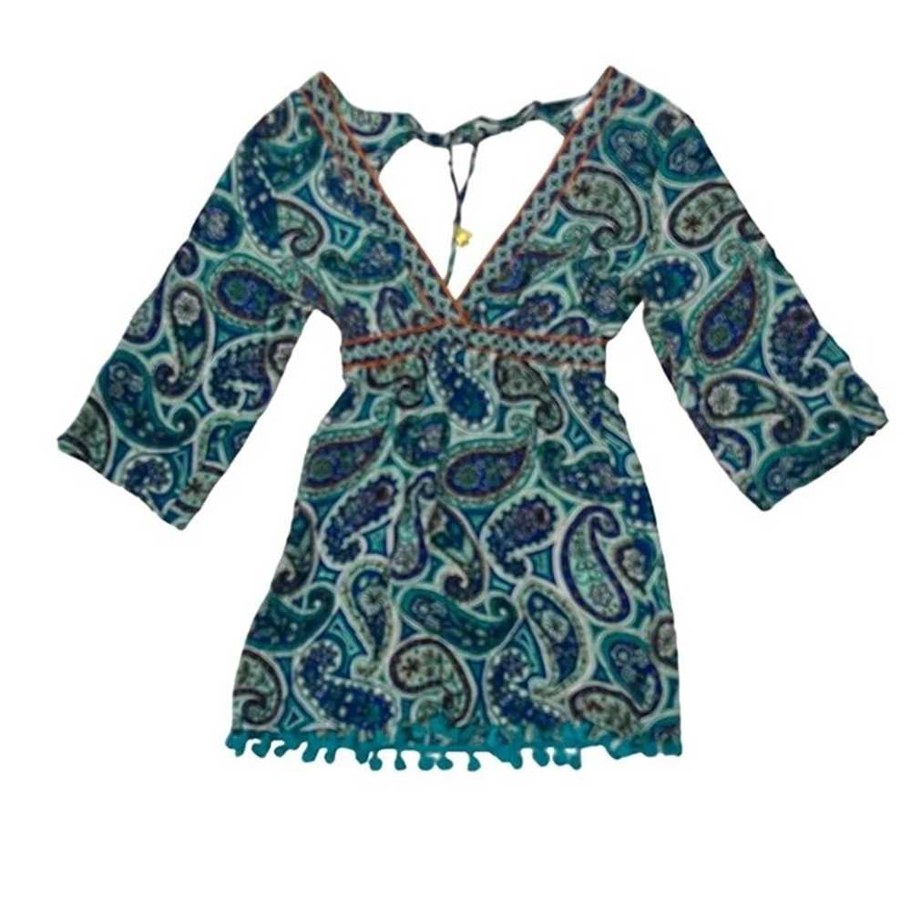 Trina Turk blue green patterned mini dress low V … - image 8