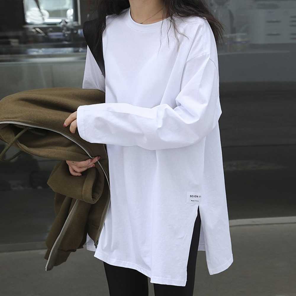 Solid color long - sleeved T-shirt with slit top … - image 2