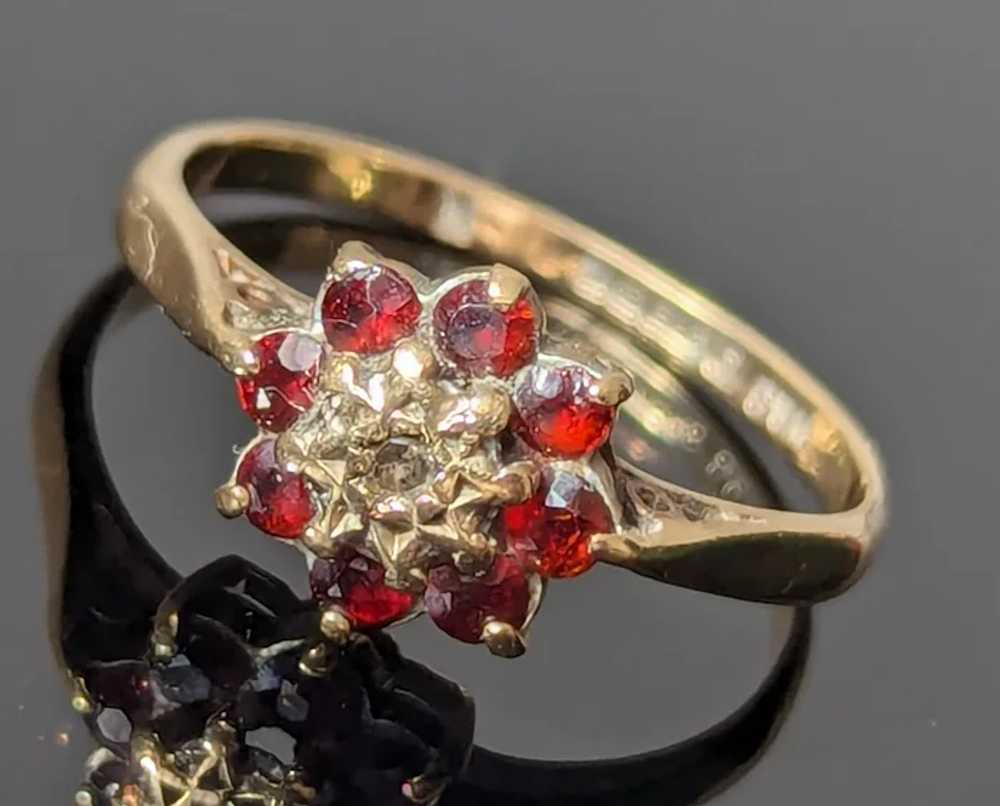 Vintage 9 CT Gold Garnet and Diamond Cluster Ring - image 4