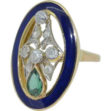Art Deco 18K Green Tourmaline Diamond & Enamel Ri… - image 1