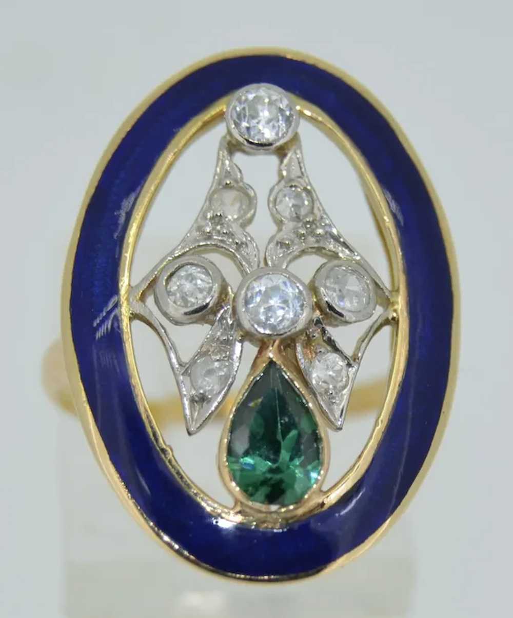 Art Deco 18K Green Tourmaline Diamond & Enamel Ri… - image 3