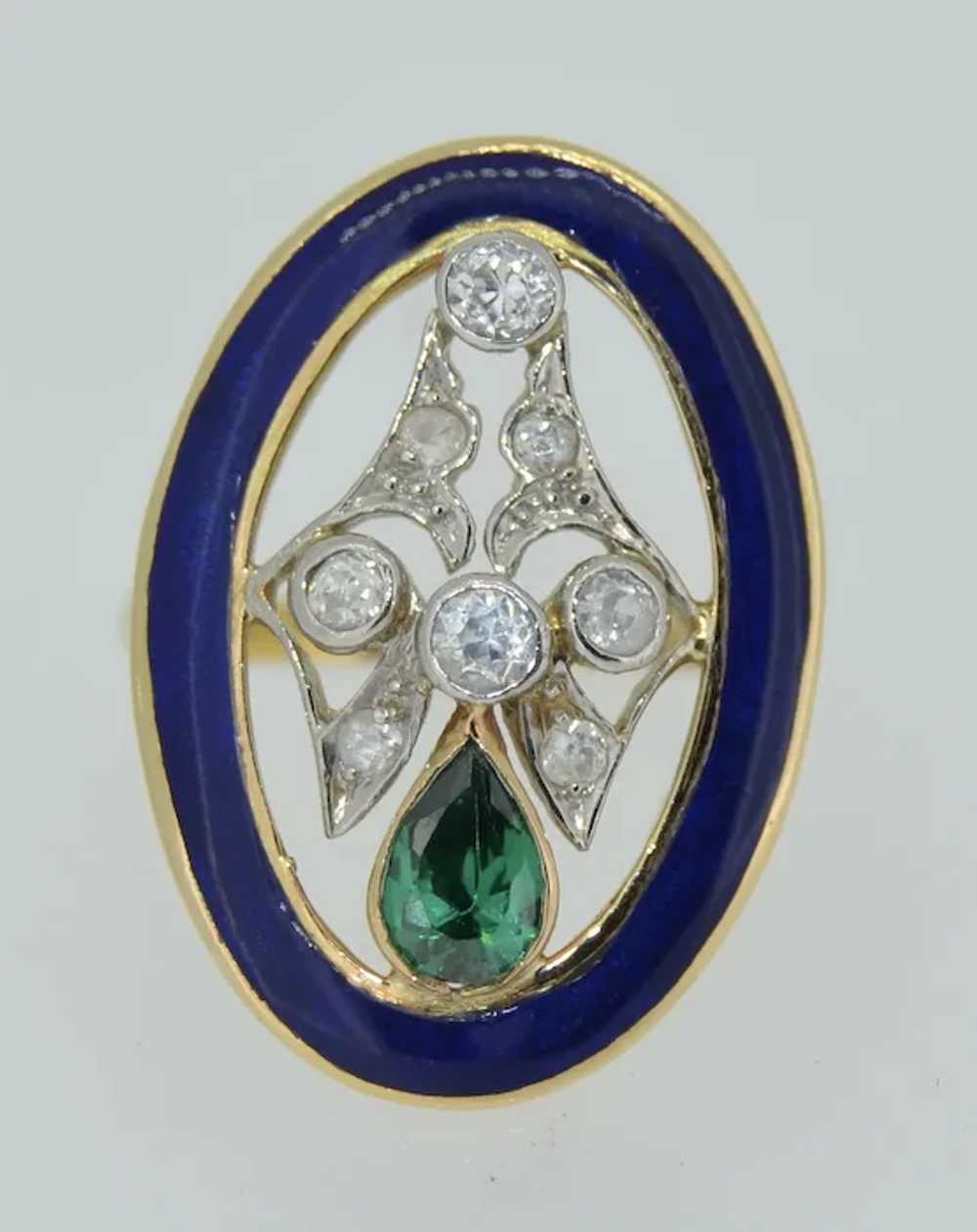 Art Deco 18K Green Tourmaline Diamond & Enamel Ri… - image 4