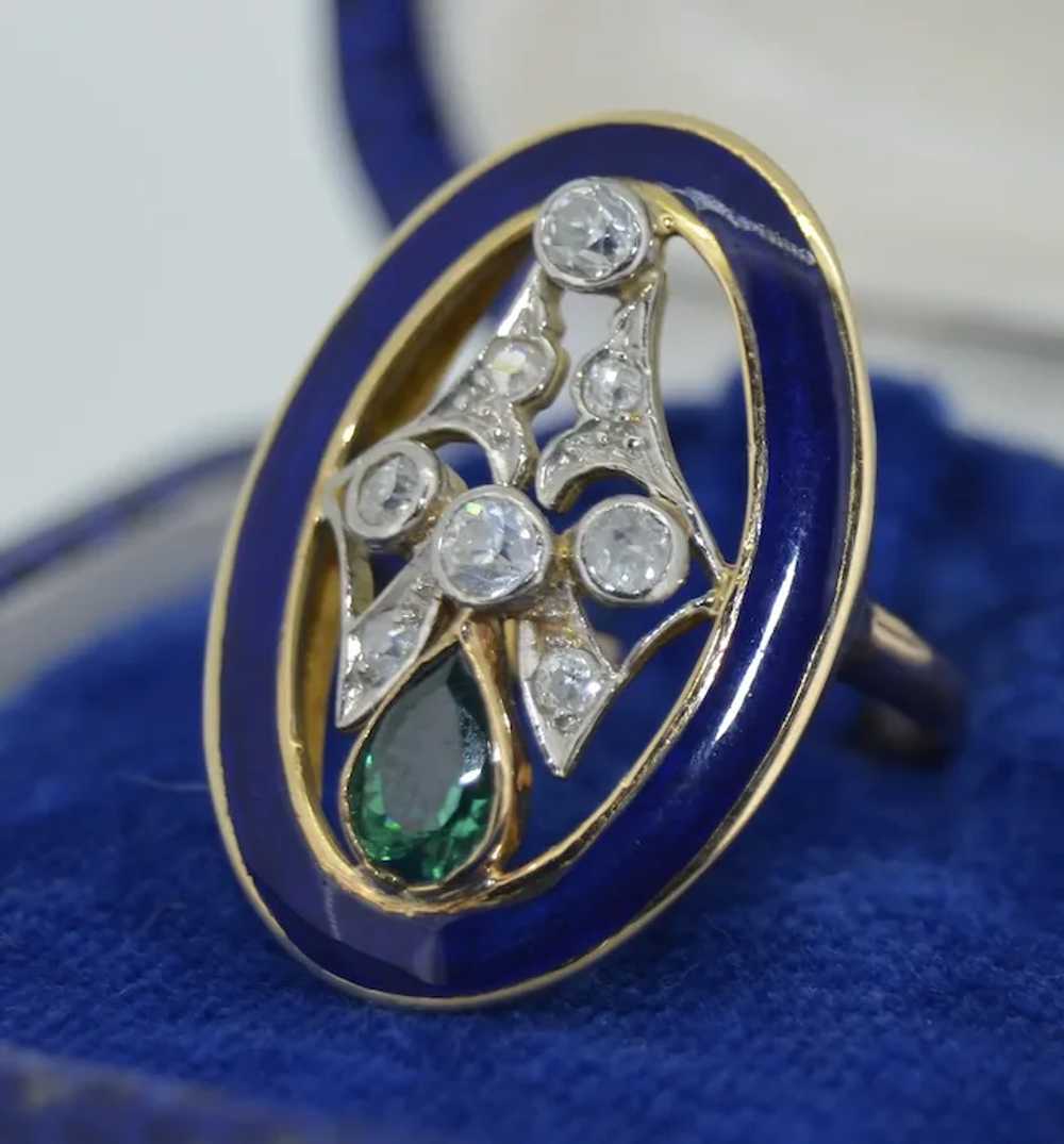 Art Deco 18K Green Tourmaline Diamond & Enamel Ri… - image 6