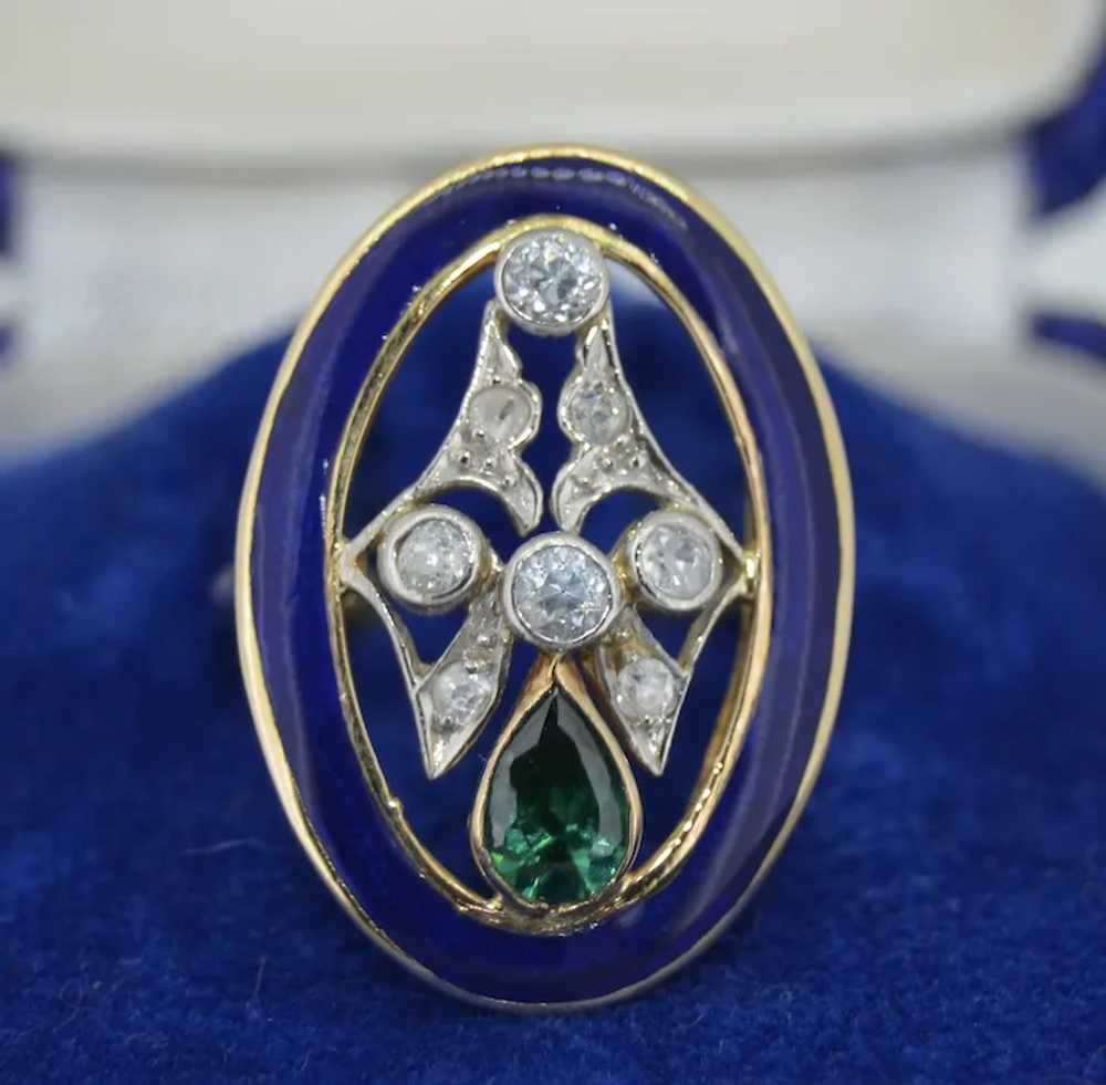 Art Deco 18K Green Tourmaline Diamond & Enamel Ri… - image 7