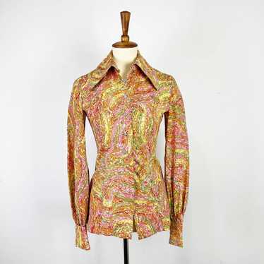 Vintage 70s button up blouse pointed collar psych… - image 1