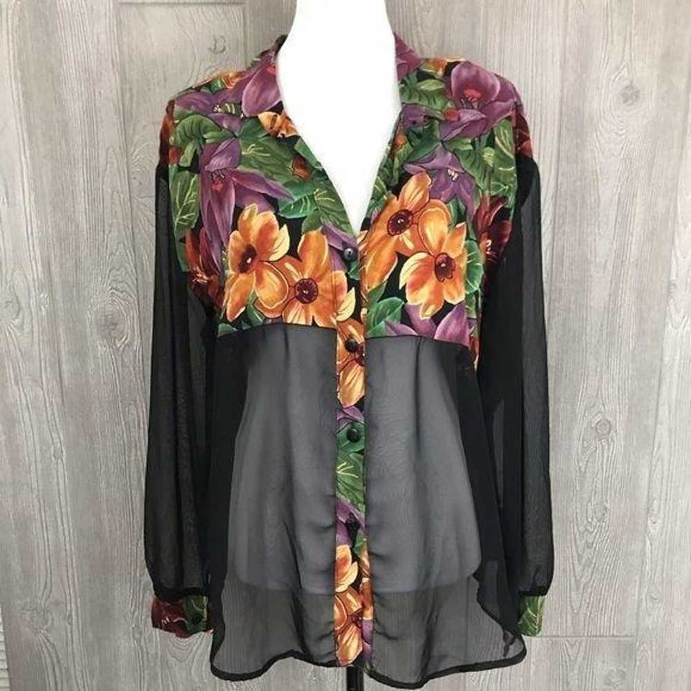 Vintage Pariscope floral sheer long sleeve blouse… - image 1