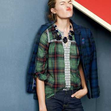 J. Crew Green Plaid Embroidered Peasant Top
