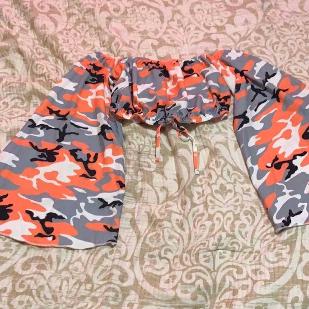 Orange camo off the shoulder crop top - image 4