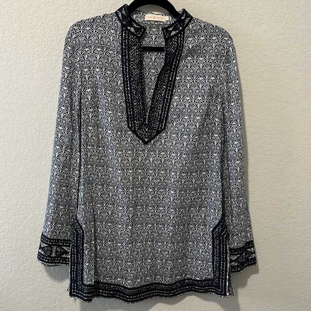 TORY BURCH Navy Patterned Embroidered Long Sleeve… - image 1