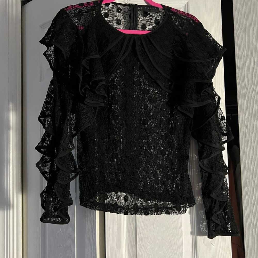 Gracia Black Lace Ruffle Blouse (L) - image 1