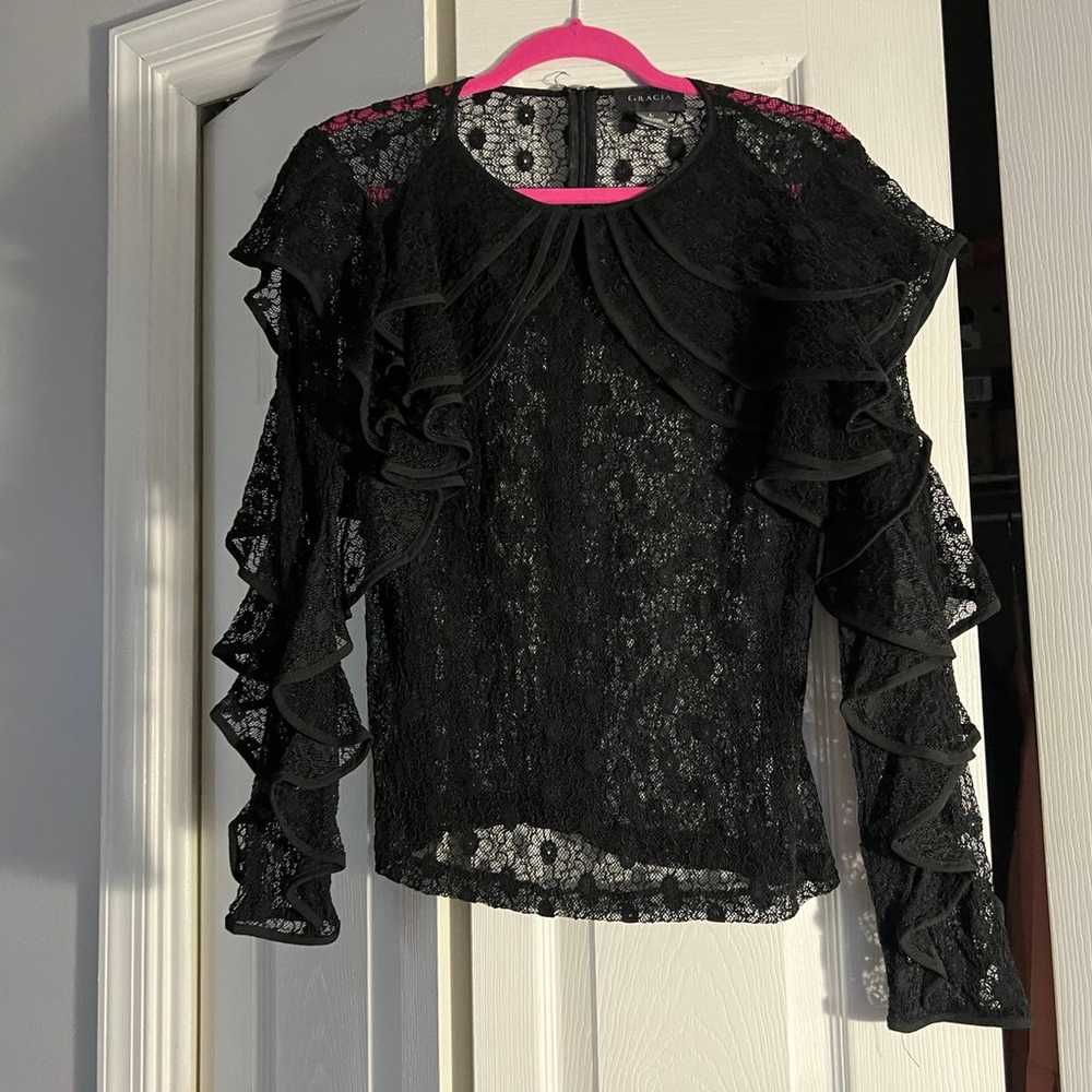 Gracia Black Lace Ruffle Blouse (L) - image 6