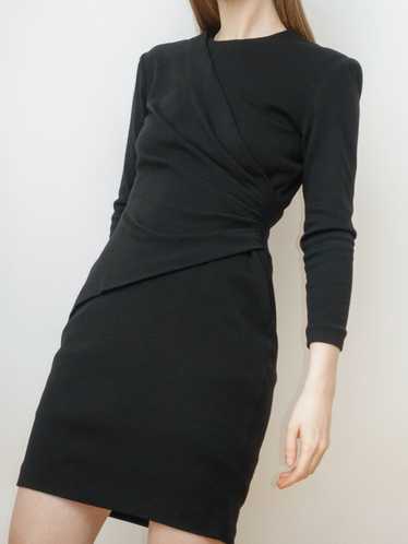 Black Wool Long Sleeve Mini Dress with Drape Detai