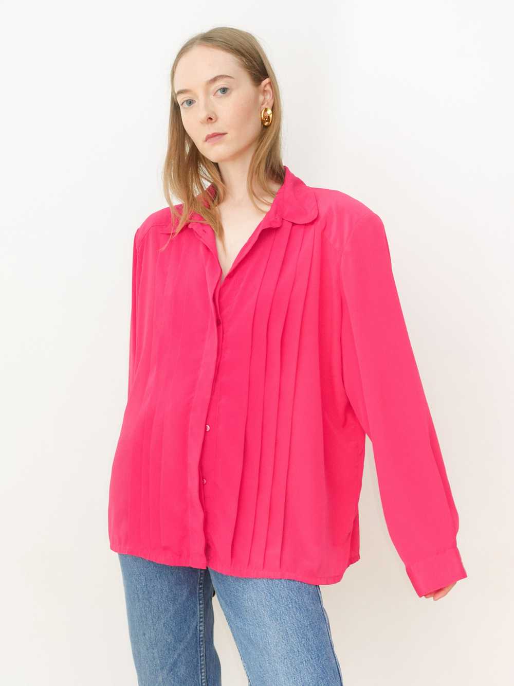 Magenta Pink Pleated Button Up Blouse - image 1
