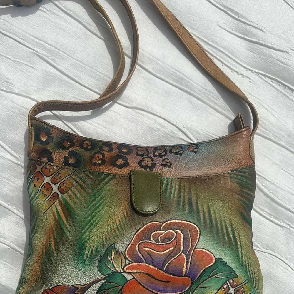 Anna Anuschka Hand Painted Rose Leather Shoulder … - image 2