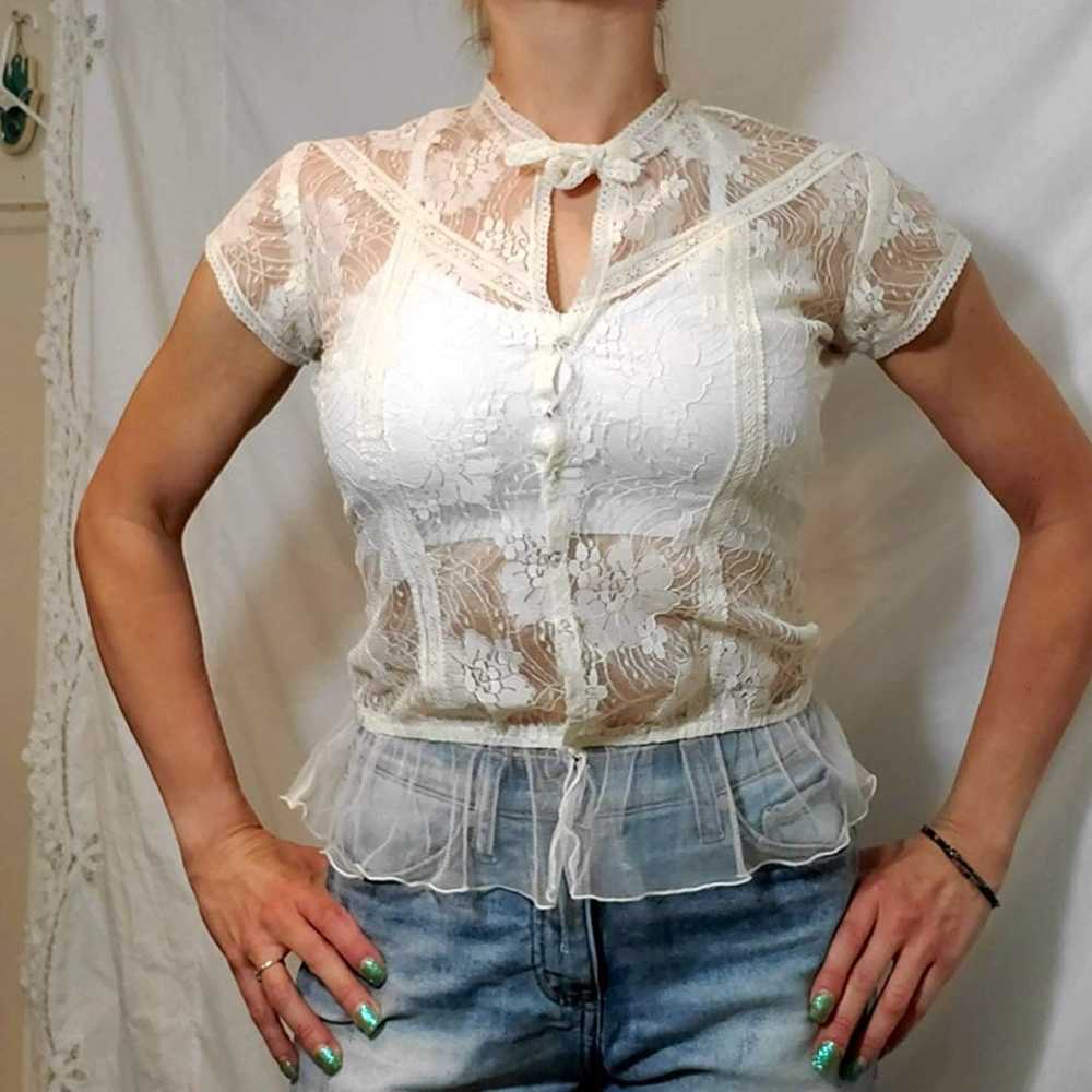 Vintage 90's TRAMP Cream Lace Sheer Shirt The bra… - image 2