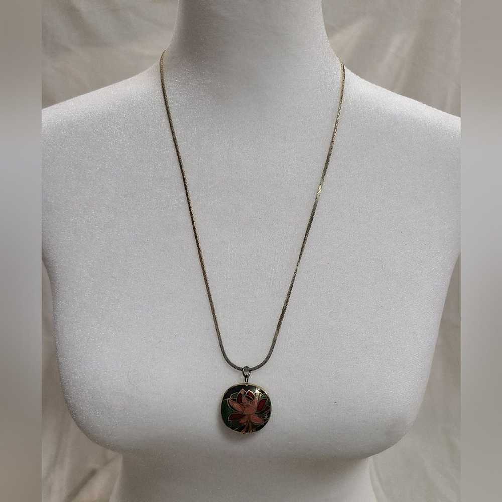 Vintage Cloisonne Lotus Pendant Necklace - image 2