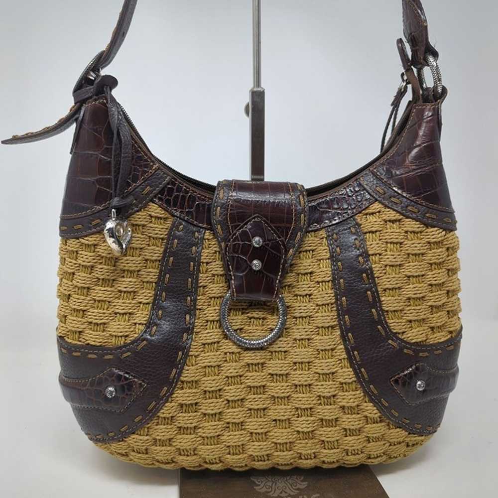 Vintage Brighton Hobo Straw Bag Tan Brown Leather… - image 2