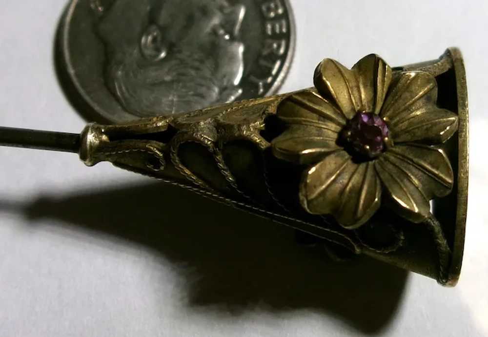 antique Art Nouveau long stem hatpin hat pin Flor… - image 3