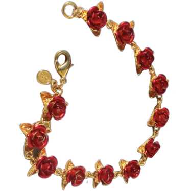 Costume Bracelet with Red Roses and Gold Leaves - image 1