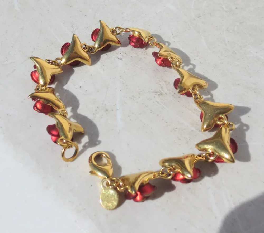 Costume Bracelet with Red Roses and Gold Leaves - image 2