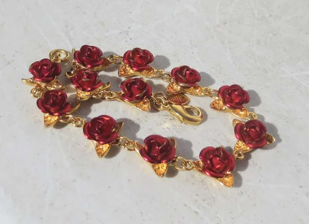 Costume Bracelet with Red Roses and Gold Leaves - image 3