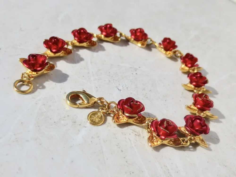 Costume Bracelet with Red Roses and Gold Leaves - image 4