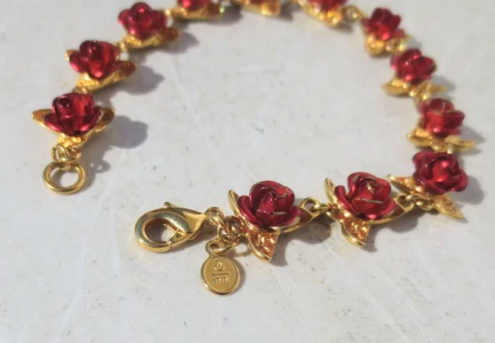 Costume Bracelet with Red Roses and Gold Leaves - image 5