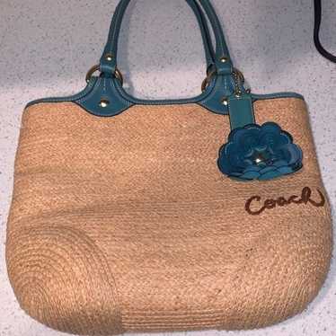 Teal accent straw coach purse BH - image 1