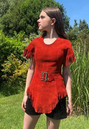 70's/60's Vintage Ladies Red Suede Fringed Tunic T