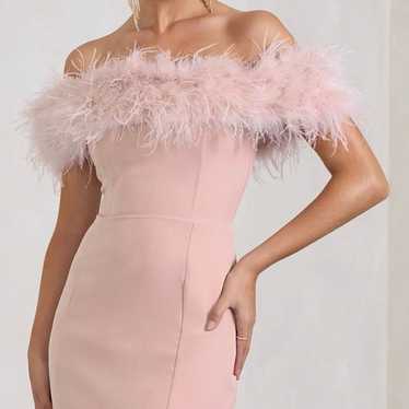 Baby pink feather off shoulder dress