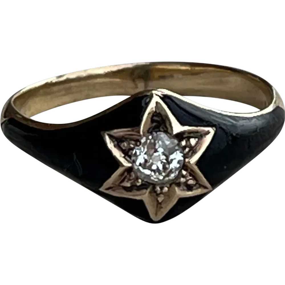 Blace enamel  and Diamond Mourning Ring, Late Vic… - image 1