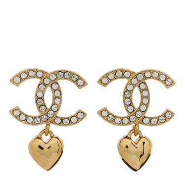 CHANEL Metal Crystal CC Heart Drop Earrings Gold - image 1
