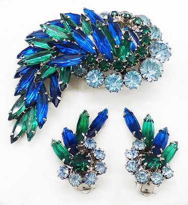 Blue and Green Thin Navette Rhinestone Brooch Set