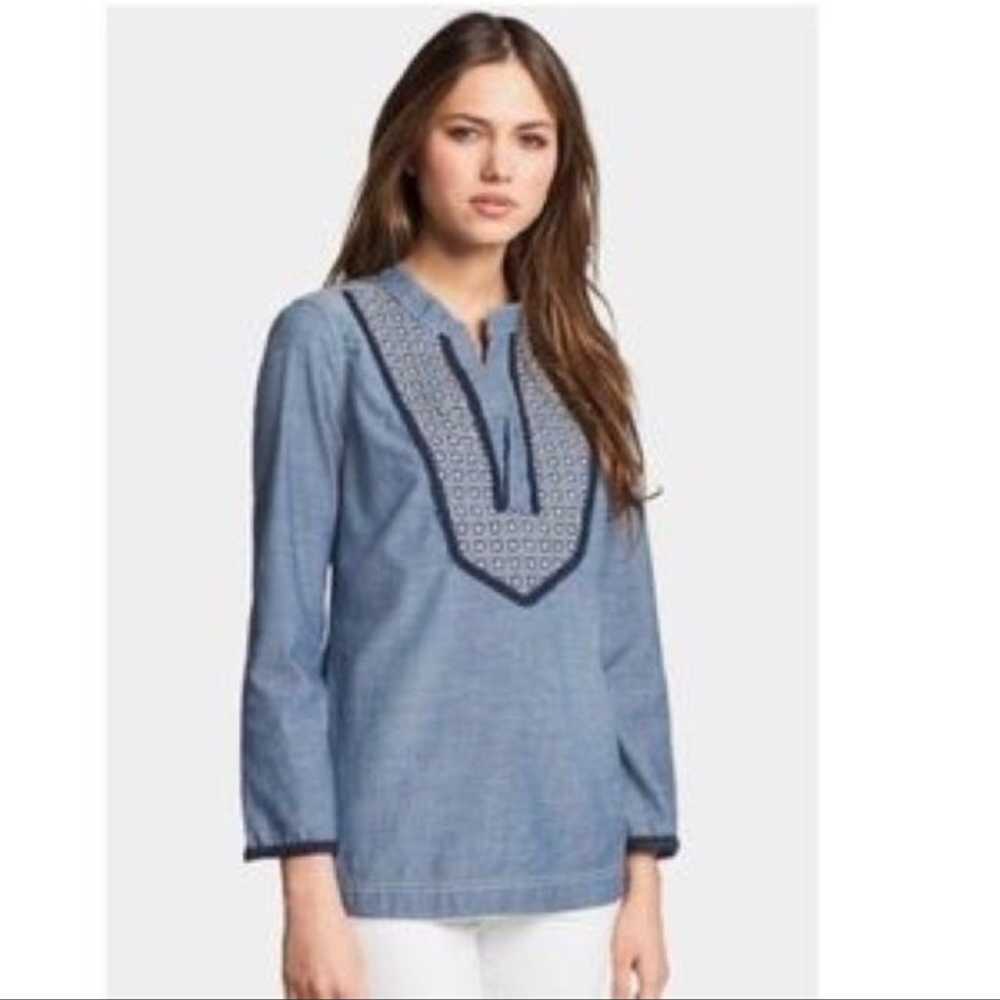 Tory Burch Chambray Embroidered Tunic Bl - image 1