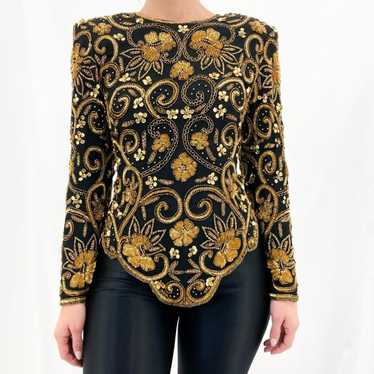 90s Black + Gold Silk Sequin Formal Long Sleeve T… - image 1