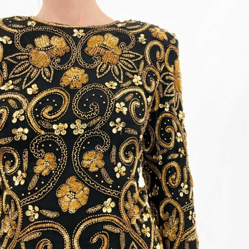 90s Black + Gold Silk Sequin Formal Long Sleeve T… - image 2