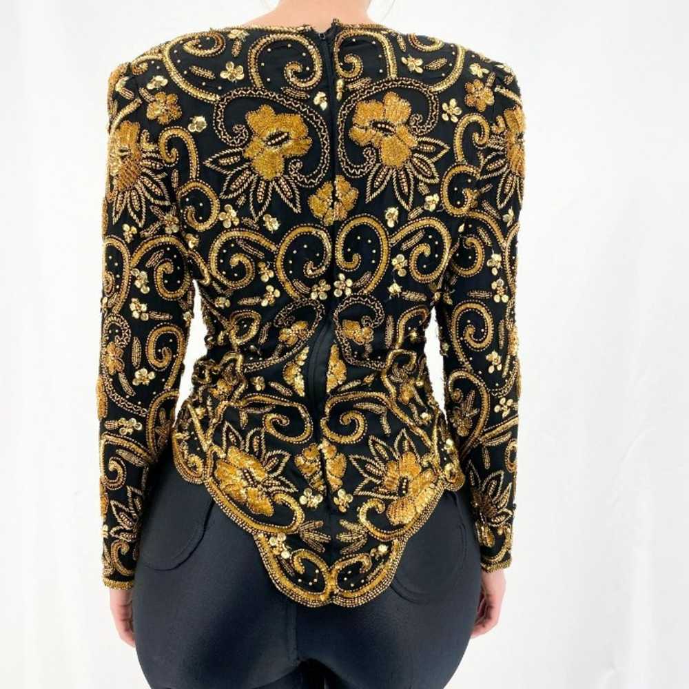 90s Black + Gold Silk Sequin Formal Long Sleeve T… - image 3
