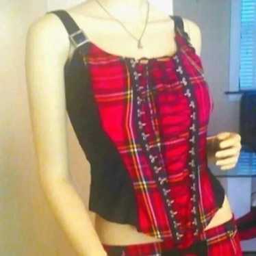 Red Plaid Vintage Style Front Lace Corset by OMEN… - image 1