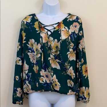 Green Floral Lace Up Wrap Style Shirt - image 1