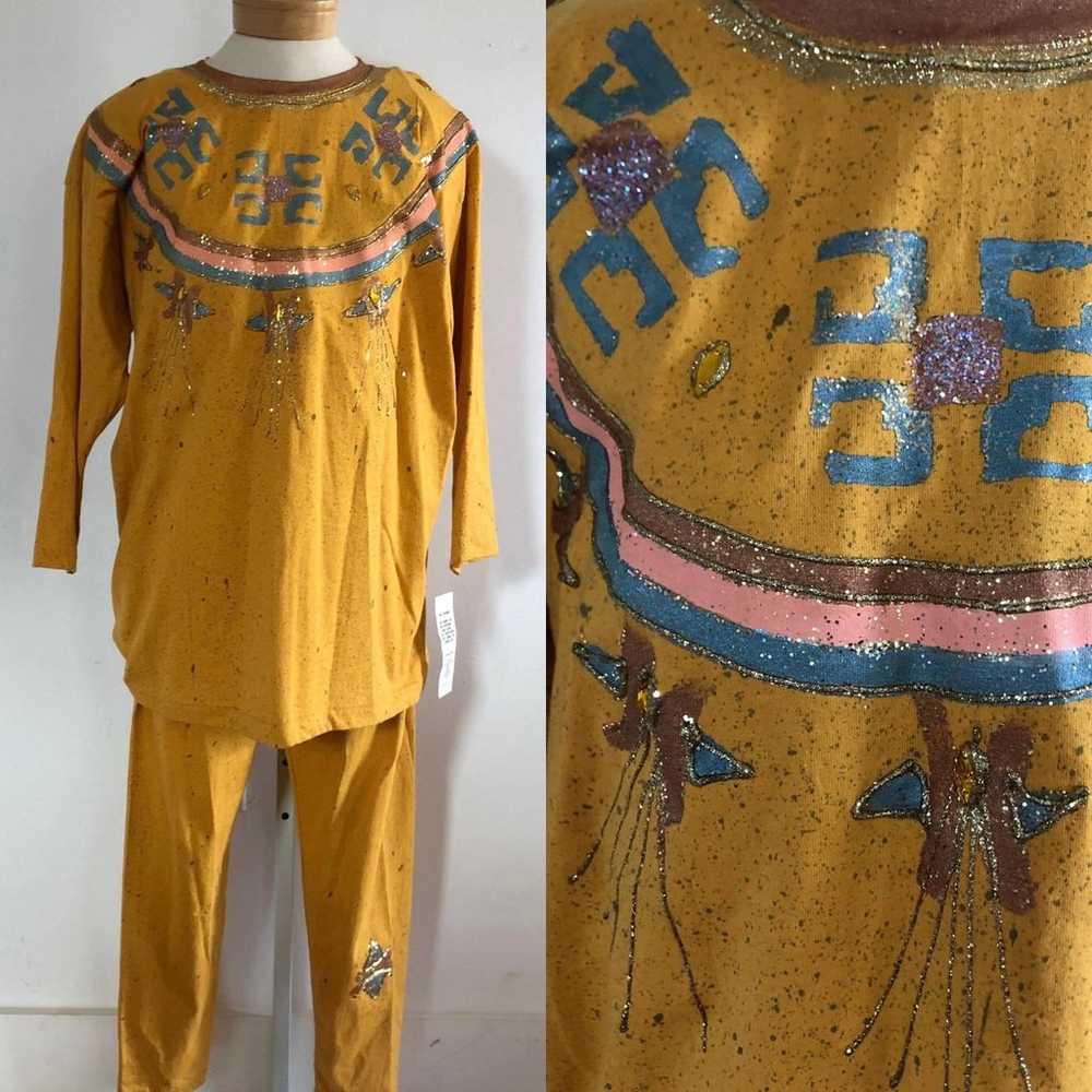 Vintage Hand-Painted Sweatsuit, Yellow 2-Piece Se… - image 1