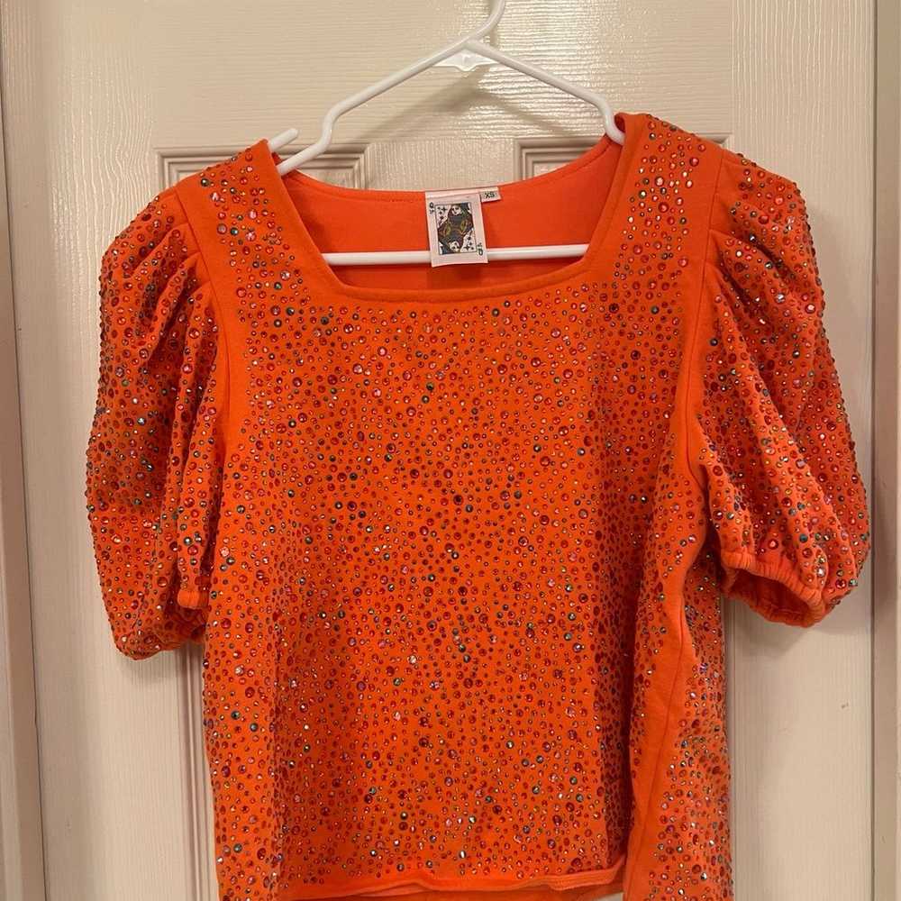 Queen of Sparkles Orange Puff-sleeve Rhinestone T… - image 1