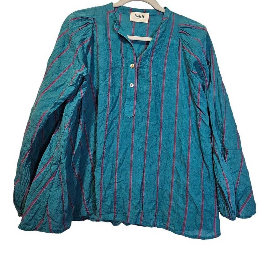 Pietsie S Blue Striped Tunic Top Cotton Linen Lag… - image 1