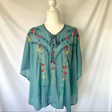 Johnny Was Embroidered Turquoise Blouse