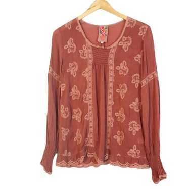 JOHNNY WAS 2024 Smocked Embroidered Peasant Top XS